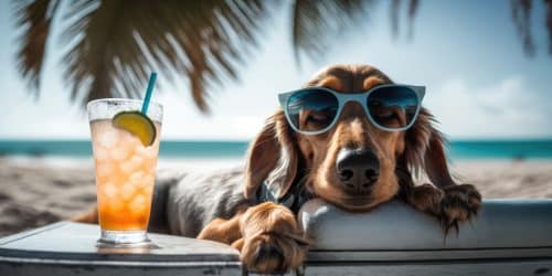 כלב שוכב על חוף הים בחופשה ושותה כוס משקה קר